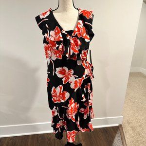NWT - Tahari ASL Red & Black Floral Faux Wrap Dress - Sz 10